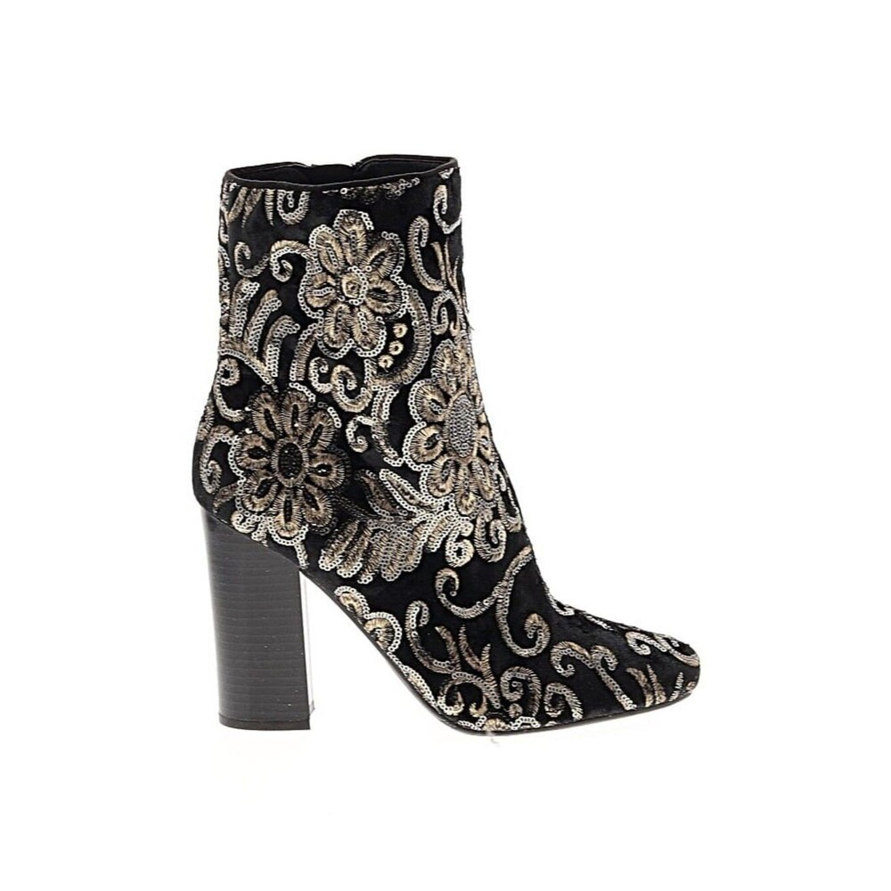 GUESS Ankle Boot Sz 9.5 & 3.75 Heel | Black Bootie  Silver & Gold Swirl Floral